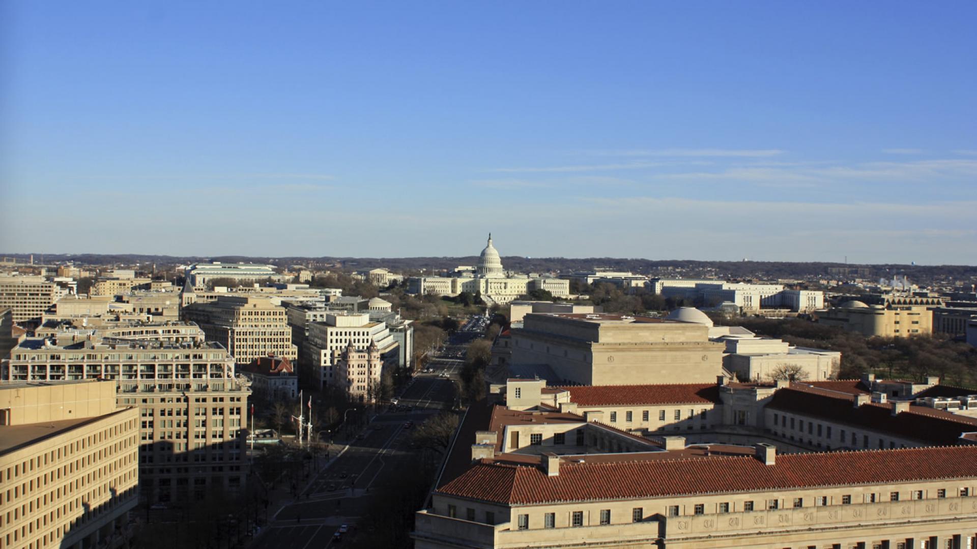 Aerial photo of Washington DC including Capitol Building